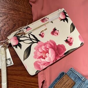 Anne Klein 2PC Floral Peony Pink and Cream Clutch/Wristlet